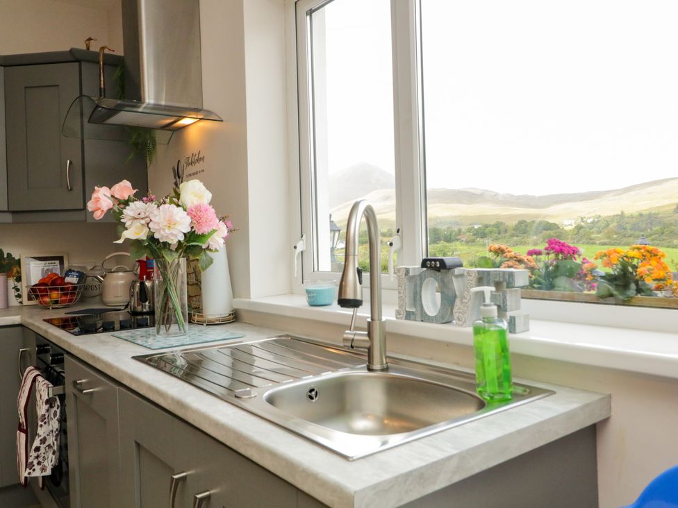 A kitchen with a sink and flowers on the countertop at Duffy Lodge Kilmacloo near Creeslough, County Donegal