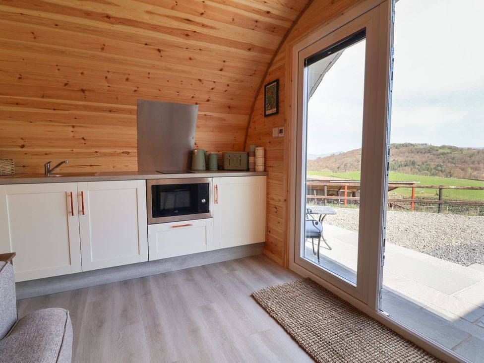 A kitchen with a sink and microwave at Lili Wen Fach in Ruthin