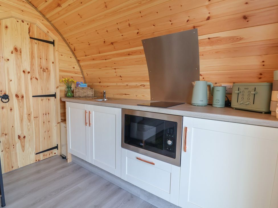 A kitchen with a microwave, sink, and appliances at Lili Wen Fach in Ruthin