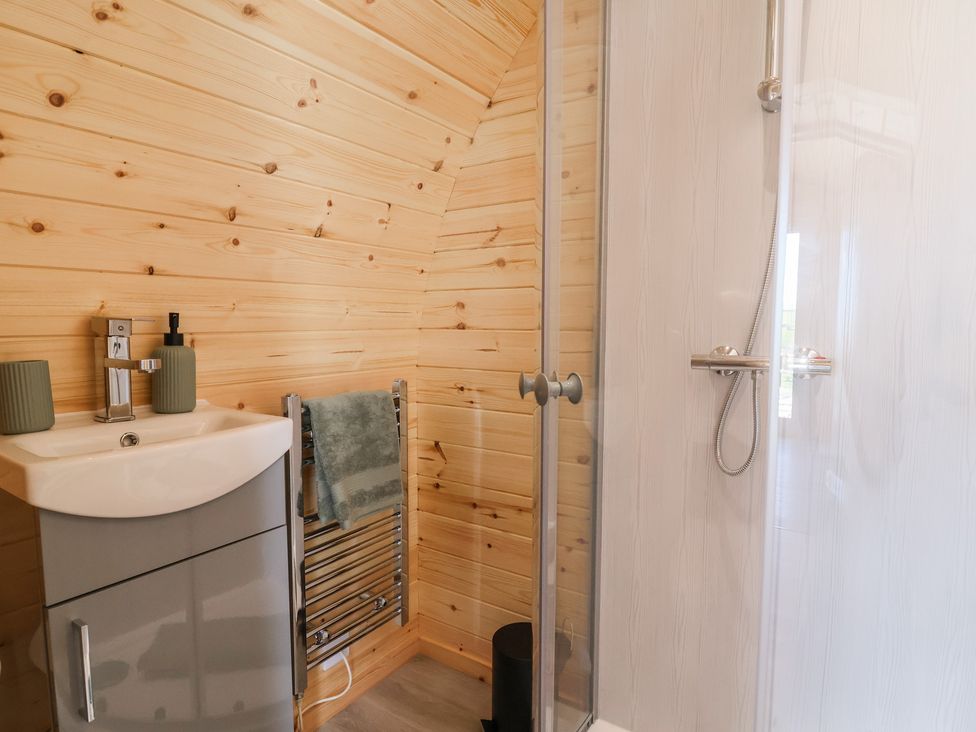 A bathroom with a shower and sink at Lili Wen Fach in Ruthin