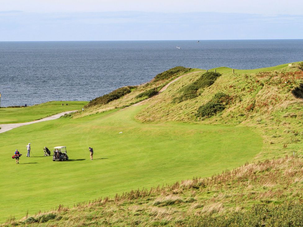 A golf course with golfers and a golf cart at Seaviews in Nefyn