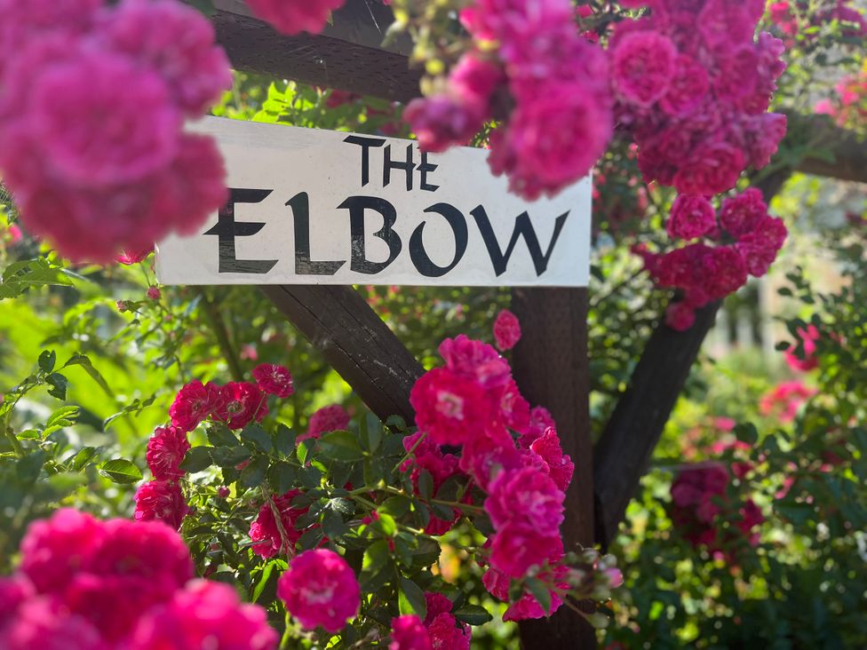 A sign labeled The Elbow surrounded by pink flowers at The Elbow in Frampton