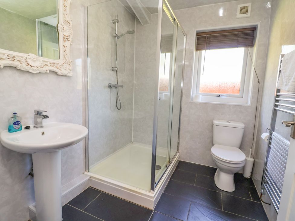 A bathroom with a shower, sink, and toilet at The Red in Llanerch Park near St Asaph