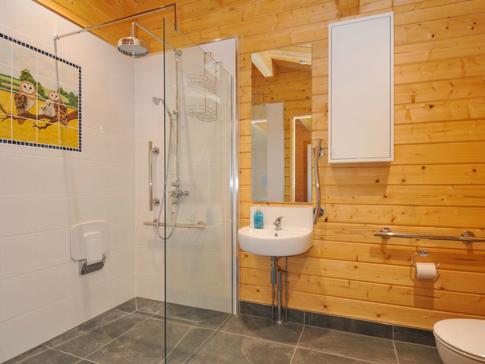 A bathroom with shower, sink and toilet at Owl Lodge in Menheniot