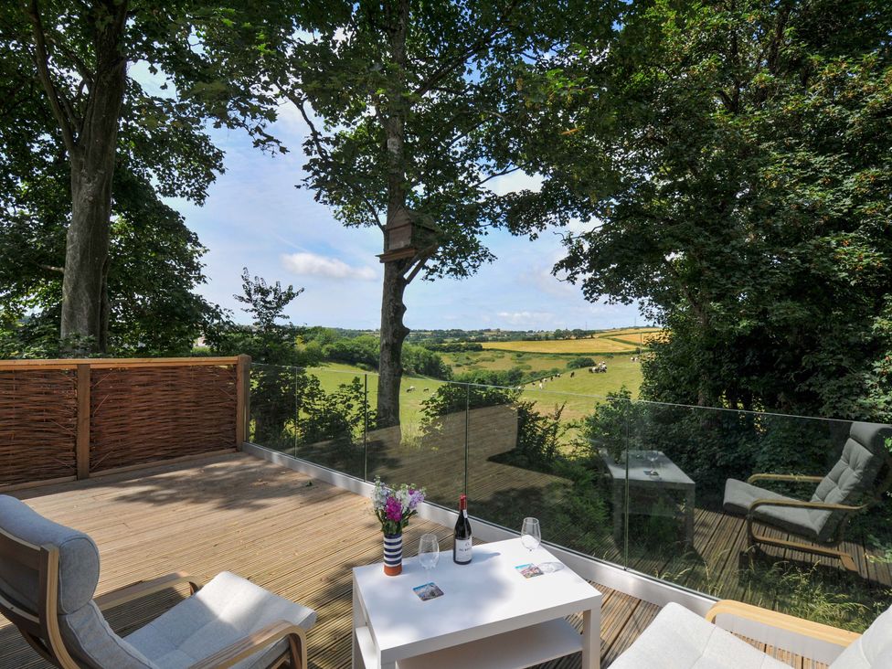 An outdoor space with a table and chairs overlooking fields at Owl Lodge in Menheniot