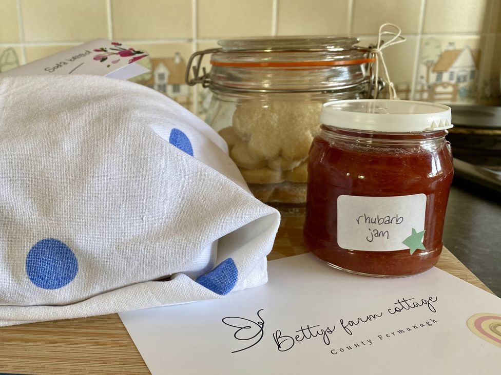 A towel and jars with sugar and rhubarb jam at Betty's Farm Cottage in Lack near Ederney, County Fermanagh