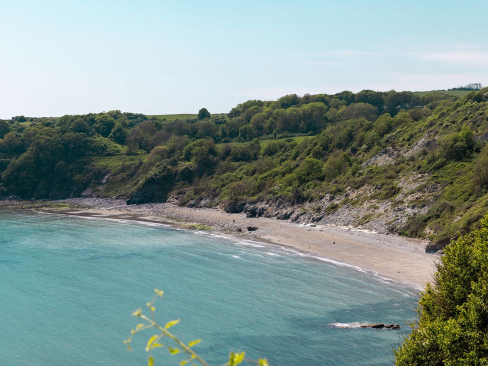 A view of a beach and cliffs with trees in the background at Lodge 65 at Riviera Bay Coastal Retreat Brixham