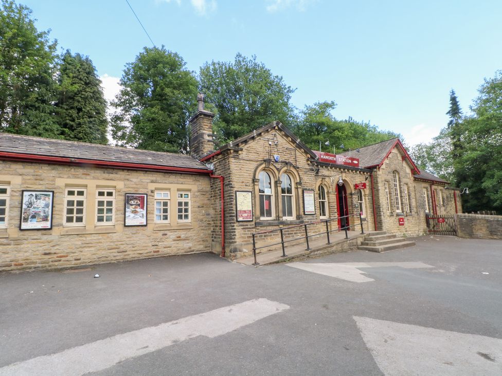 A station building with windows and doors at Haworth Station in Haworth