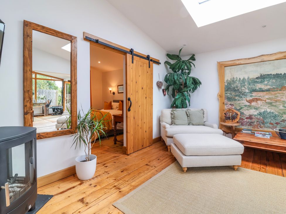 A living room with a sliding door and a plant at Burlodge Swimbridge near Barnstaple