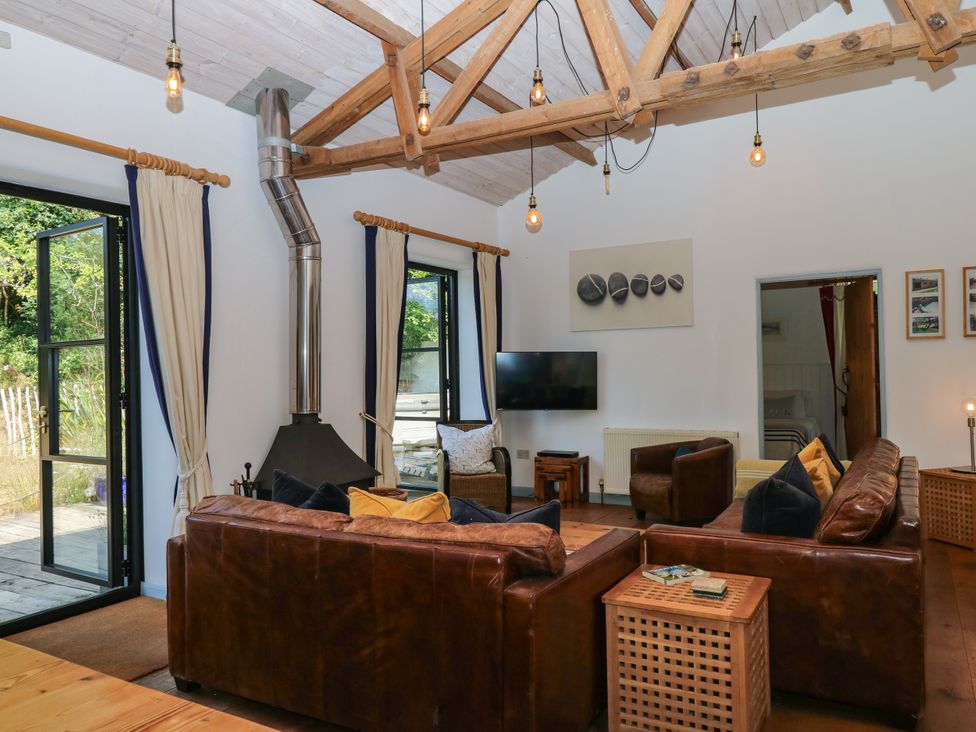 A living room with a television and fireplace at Burrows in Venn Ottery near Sidmouth