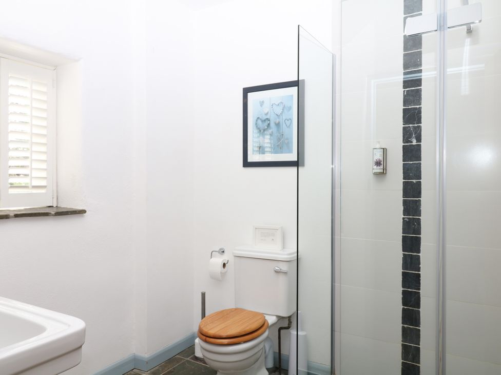 A bathroom with a toilet and shower at Burrows in Venn Ottery near Sidmouth