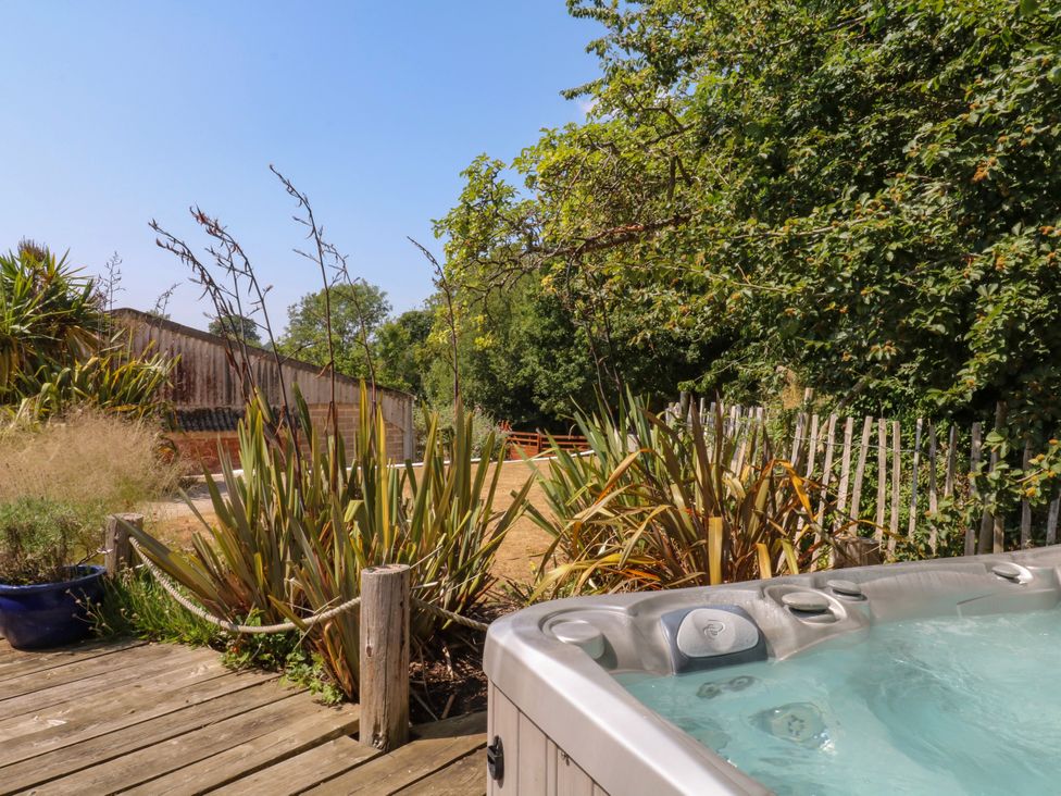 An outdoor area with a hot tub and surrounding plants at Burrows in Venn Ottery near Sidmouth