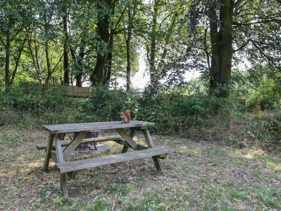 A picnic table in a garden at Squirrels Lodge in South Molton