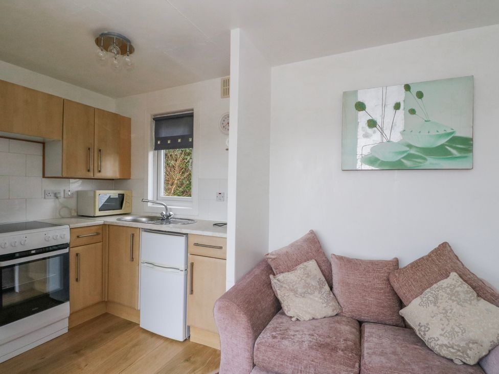 A kitchen with a microwave and oven at Lochead Chalet in Achahoish near Lochgilphead