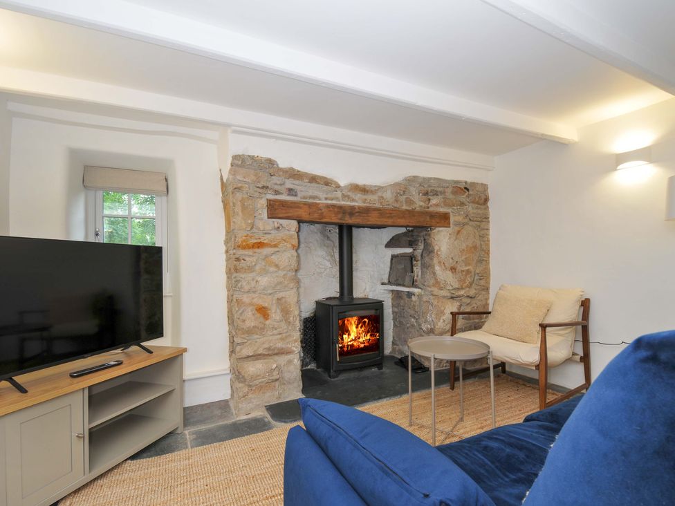 A living room with a television and wood stove at Sunrise Cottage in St Kew Highway near Wadebridge