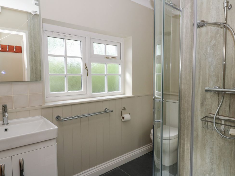 A bathroom with a sink, toilet, and shower at Llainorfa in Maenygroes near New Quay