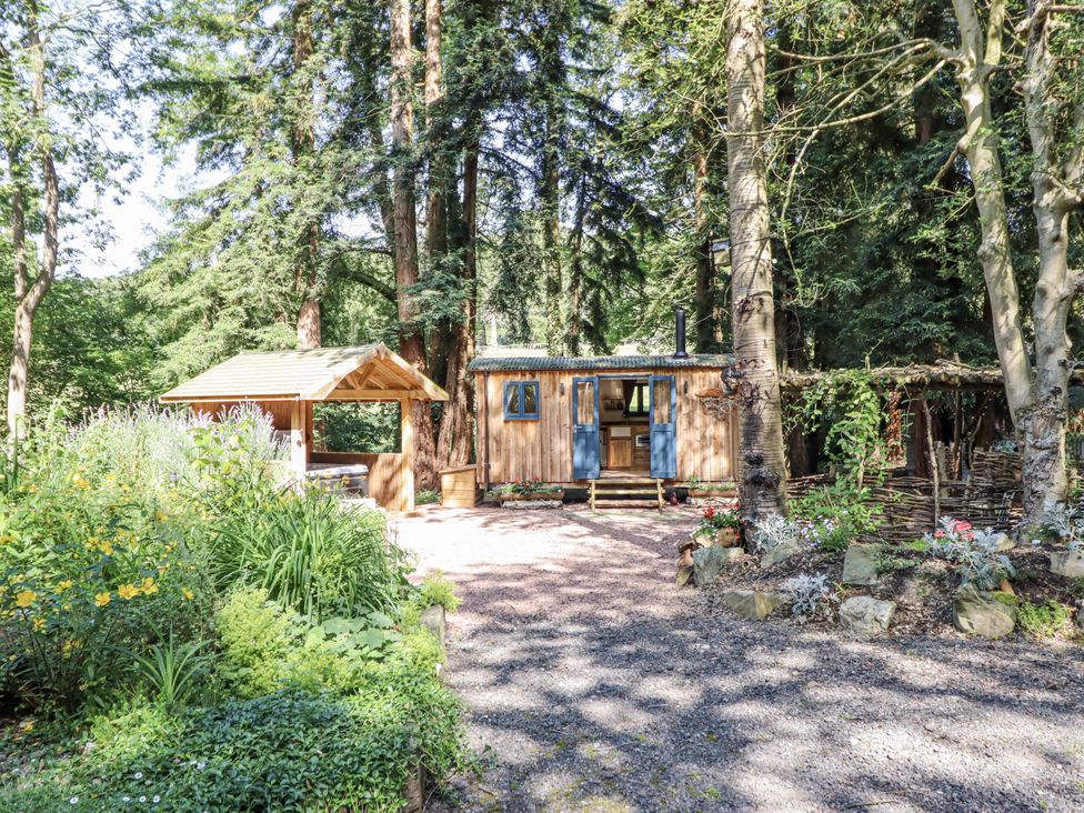 A wooden hut with outdoor seating area in a garden at Tanglewood Shepherds Hut in Welshpool