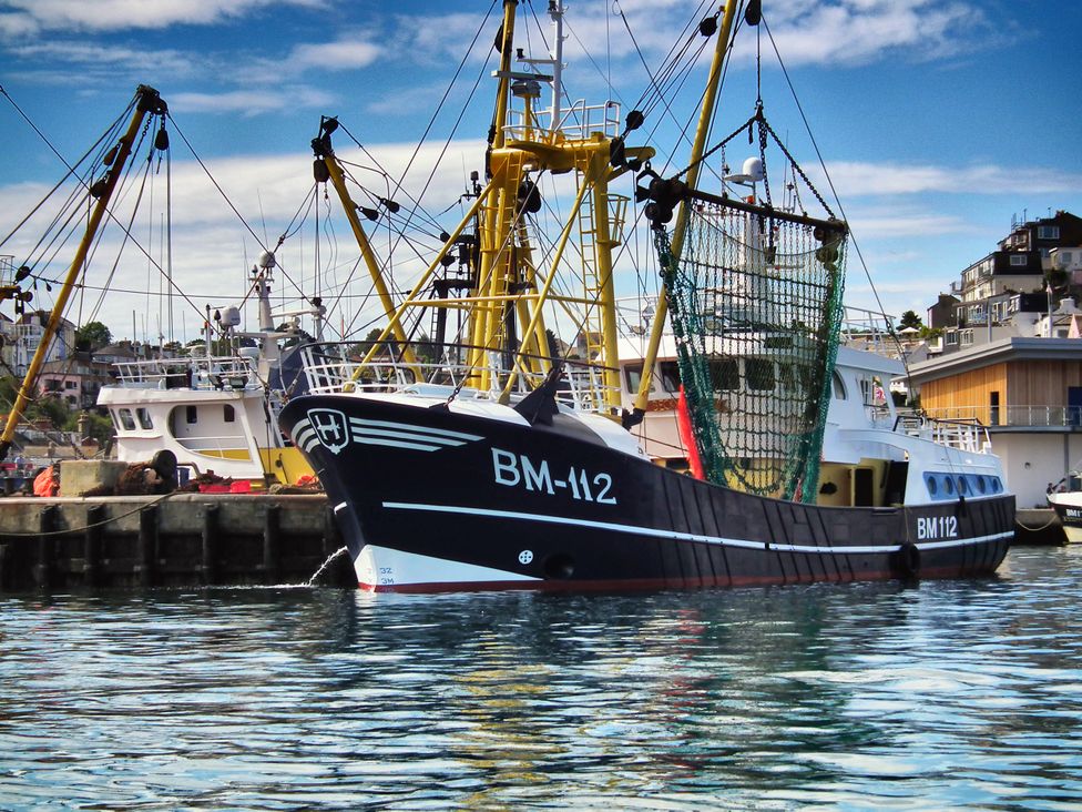 A fishing boat docked at the harbor at Lodge 59 at Riviera Bay Coastal Retreat Brixham