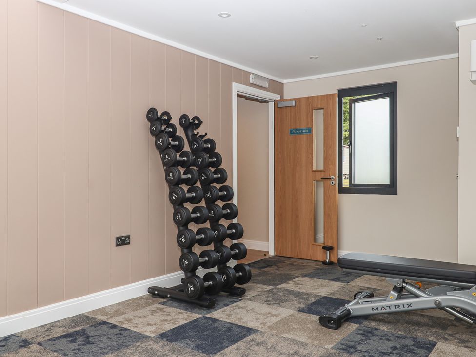 A fitness room with dumbbells and a weight bench at Lodge 69 at Riviera Bay Coastal Retreat Brixham