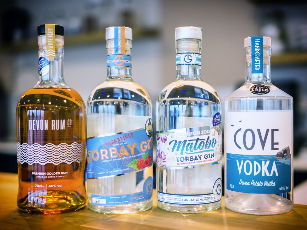 Various bottles of spirits on a wooden surface at Chalet 32 at Landscove Holiday Park Brixham