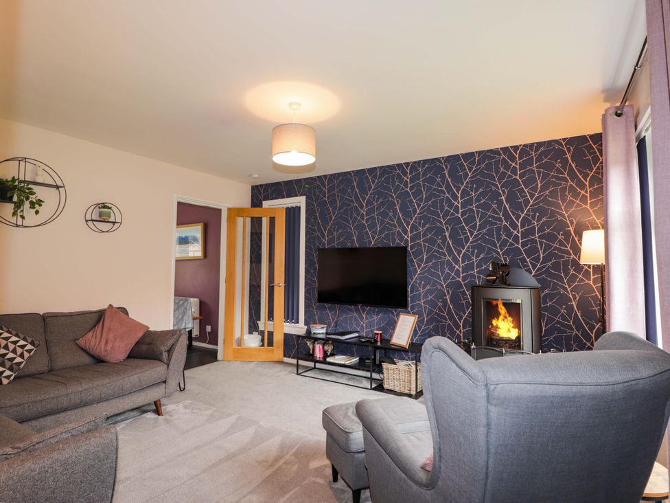 A living room with a sofa and fireplace at 6 Carn Dearg in Aviemore