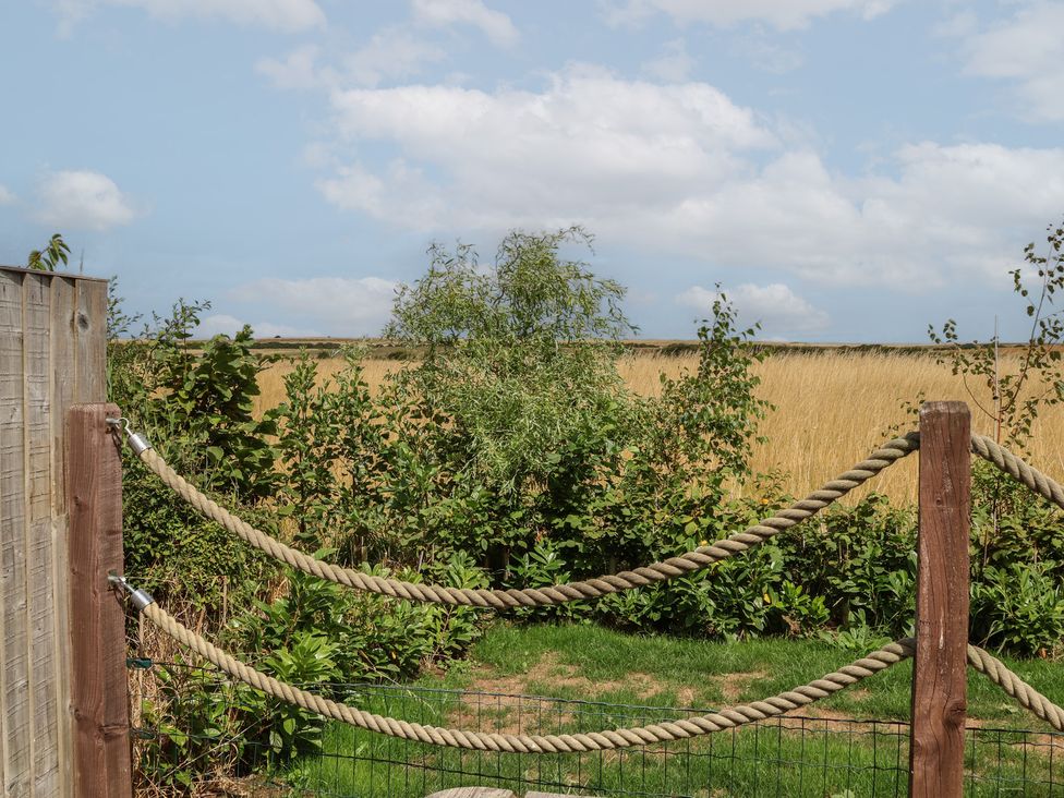 An outdoor space with a wooden fence and plants at Sea Roke in Filey