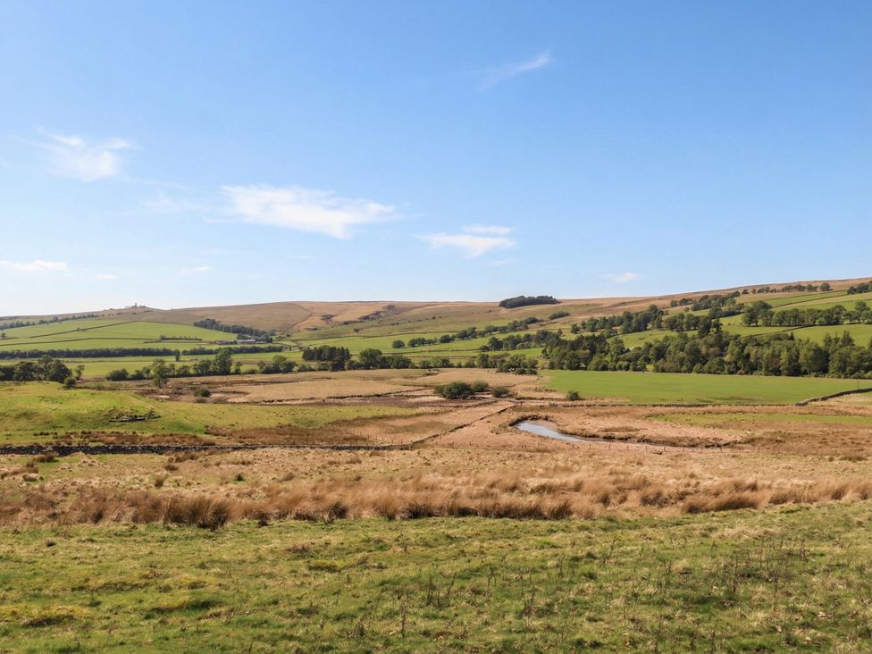 A landscape with hills, fields, and a stream at Cragg Lodge in West Woodburn