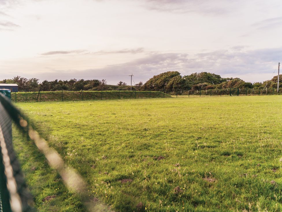 An outdoor field with grass and trees at Glanllyn Bach in Llanfaelog