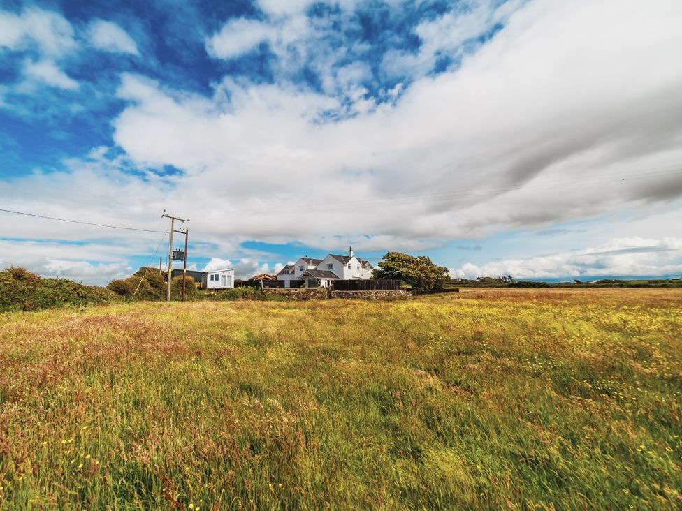 A house and power pole in a grass field at Glanllyn Bach in Llanfaelog