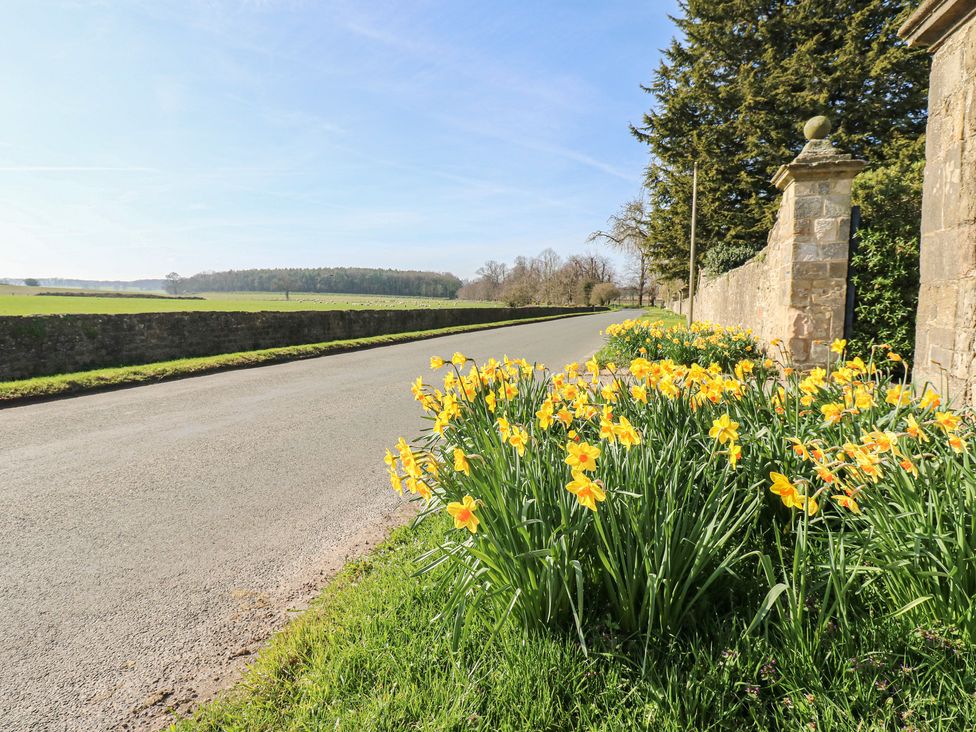 A pathway alongside flowers and a wall at Parr Cottage in Snape near Bedale