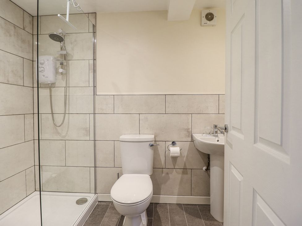 A bathroom with a shower, toilet, and sink at 1 Y Llew in Llandinam