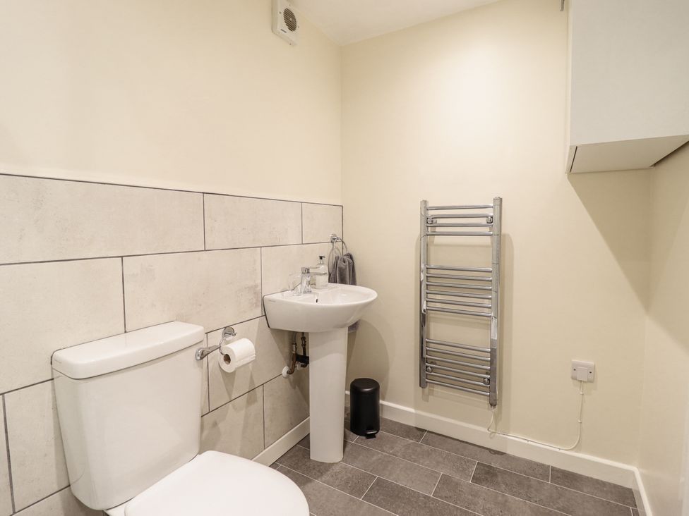 A bathroom with a toilet, sink, and towel radiator at 1 Y Llew in Llandinam