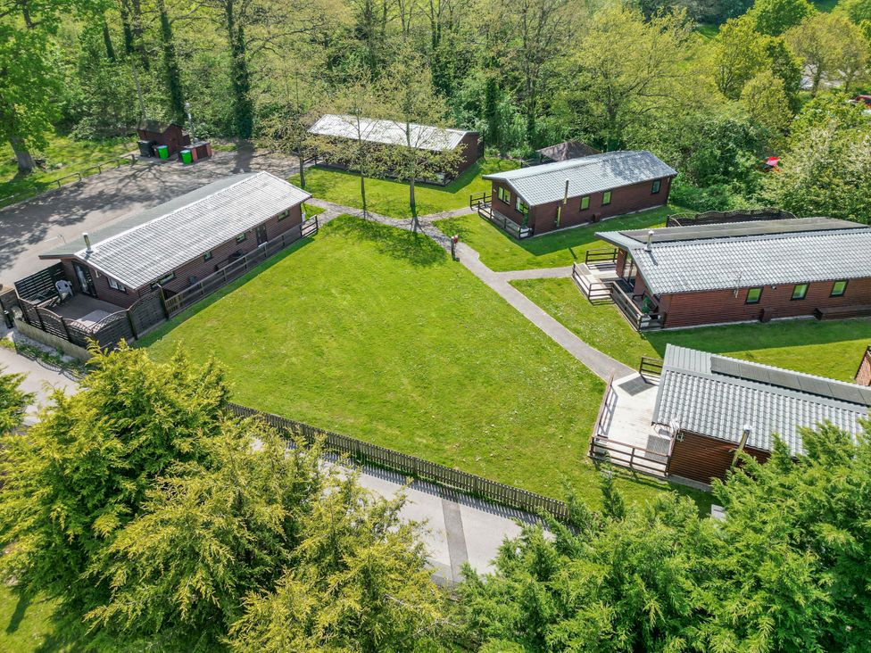 An aerial view of a group of wooden cabins around a grassy area with trees at The Blacktail in Llanerch Park near St Asaph