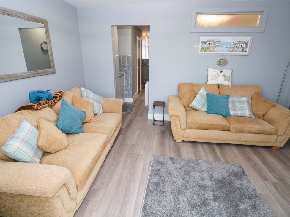 A living room with two sofas and a rug at 3 Devon Court in Pembroke