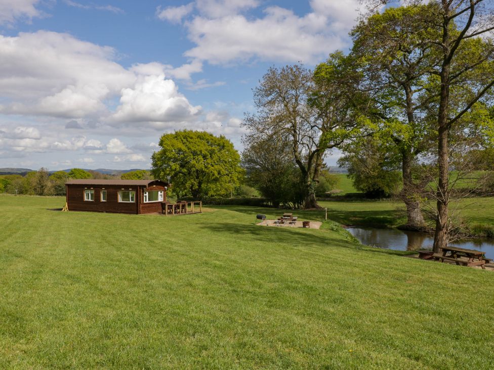 A small wooden cabin with a deck in a large grassy field beside a stream and trees at Hollie in Raglan