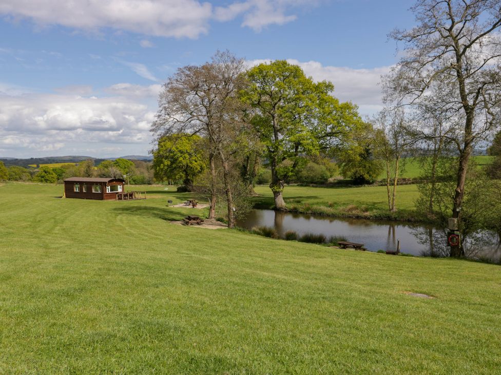 A wooden cabin near a pond with trees and picnic tables on a grassy field at Hollie in Raglan