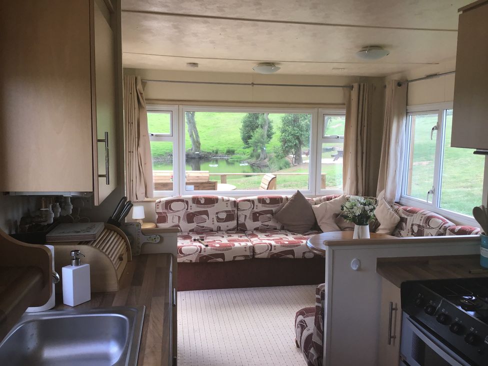 A kitchen and living room with a sink stove sofa cushions and window overlooking a grassy area at Hollie in Raglan