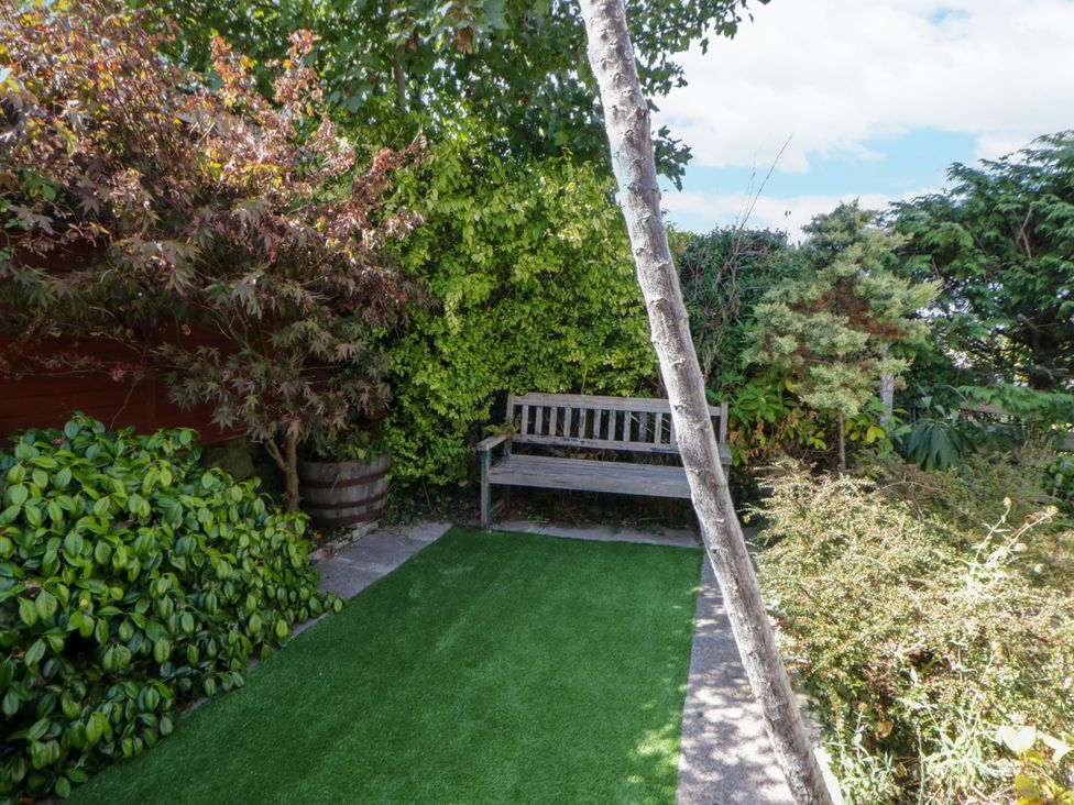 A garden with a bench and greenery at Harbour High Annex in Fishguard