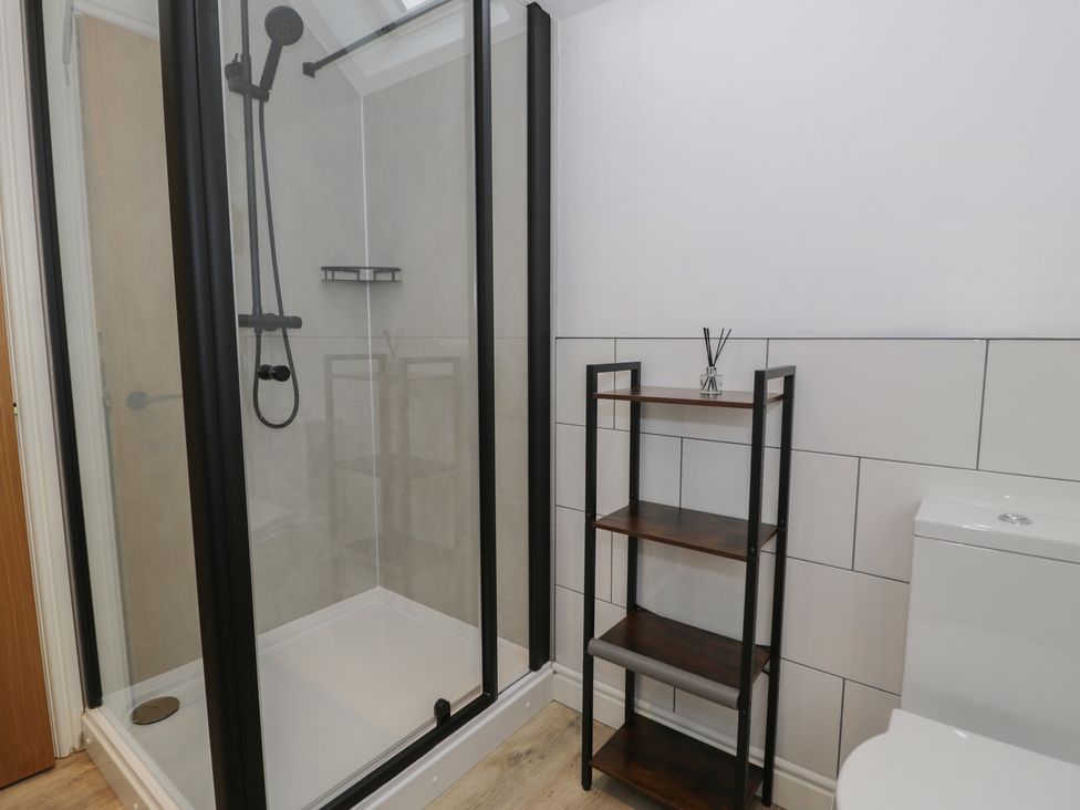 A bathroom with a shower and toilet at Y Stabl in Cerrigydrudion