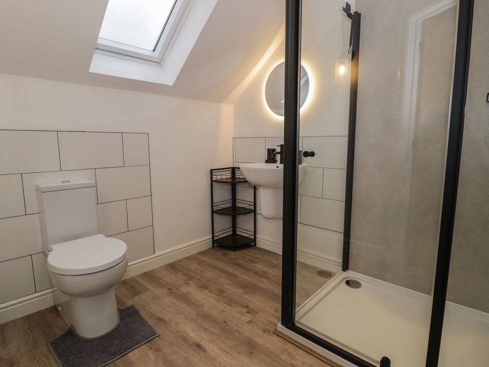 A bathroom with a toilet, sink, and shower at Y Côr, Cerrigydrudion