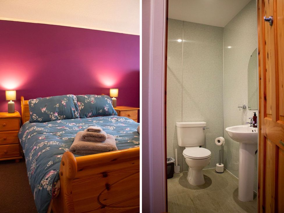 A bedroom with a bed and nightstands and a bathroom with a toilet and sink at Crannoch Self Catering Buckie