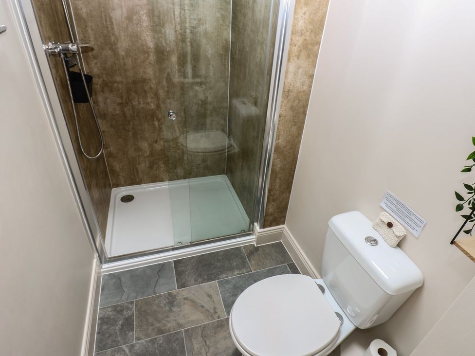 A bathroom with a shower and toilet at Wellhope View Cottage in Alston