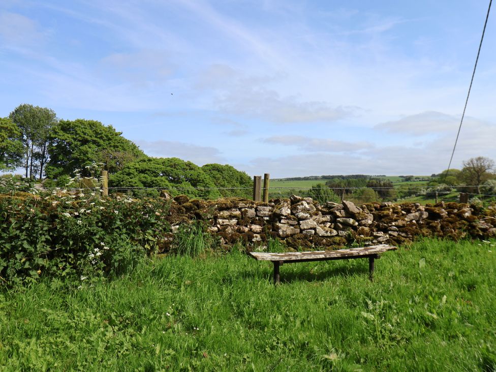 A stone wall with a wooden bench in a field at Juniper Lodge Whitby