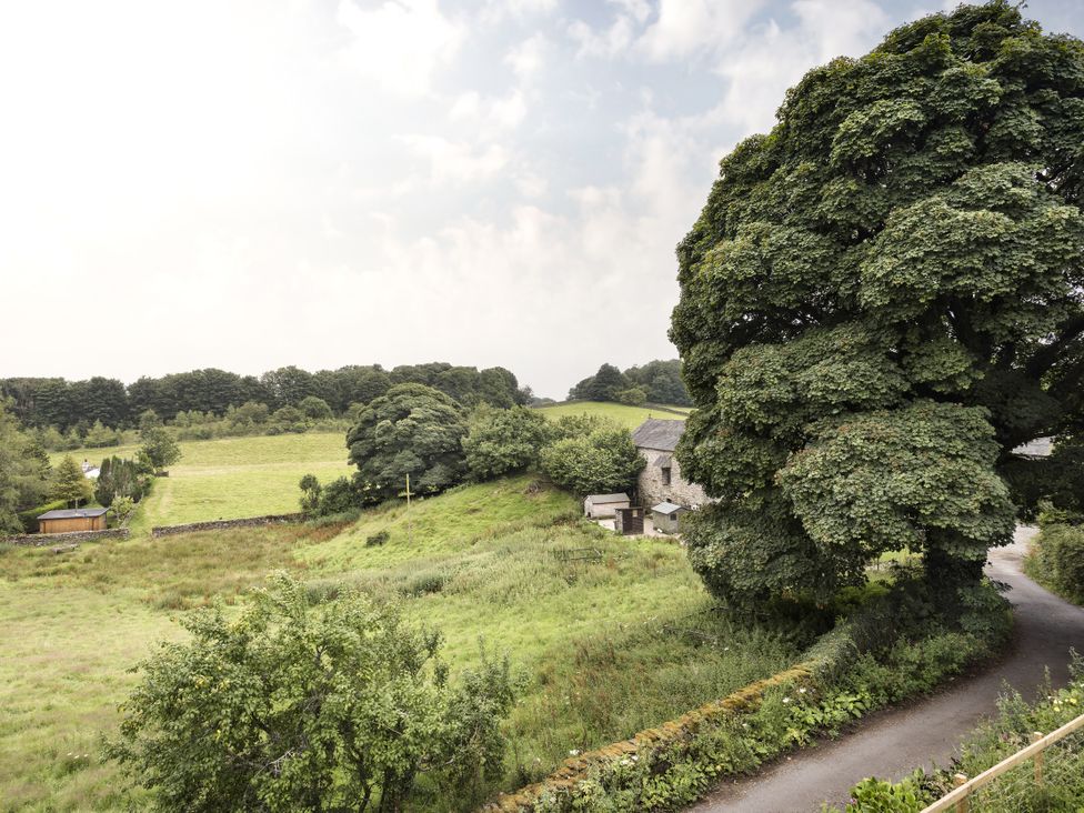 A view of a field with a tree and stone building at Tethers End in Lindeth near Bowness-On-Windermere