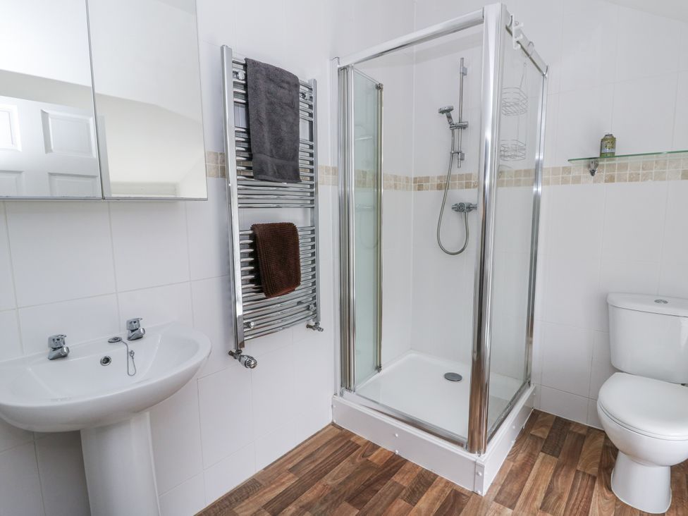 A bathroom with a shower, sink, and toilet at Station Hall in Cilgerran