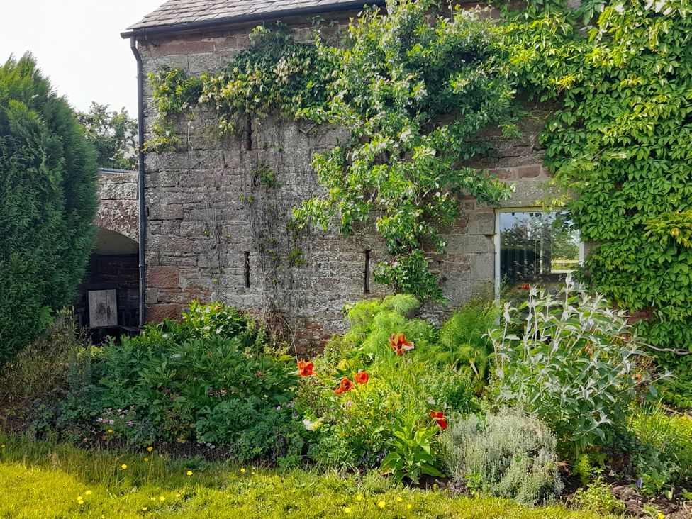 A garden with flowers and a stone wall at The Roost in Cumdivock near Dalston