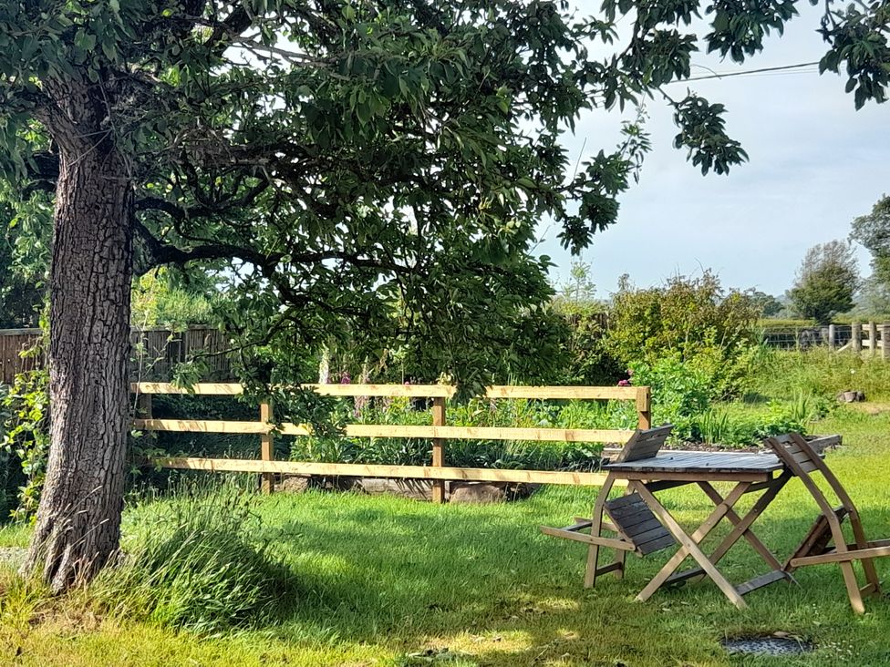 A garden with a table and chair under a tree at The Roost in Cumdivock near Dalston
