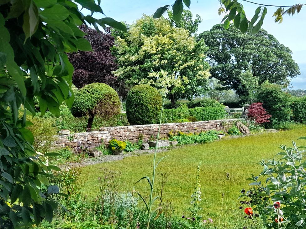 A garden with trees, a stone wall, and flowers at The Roost in Cumdivock near Dalston