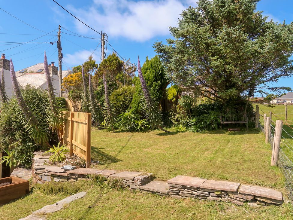 A garden with a bench and plants at Hilldene in Treknow