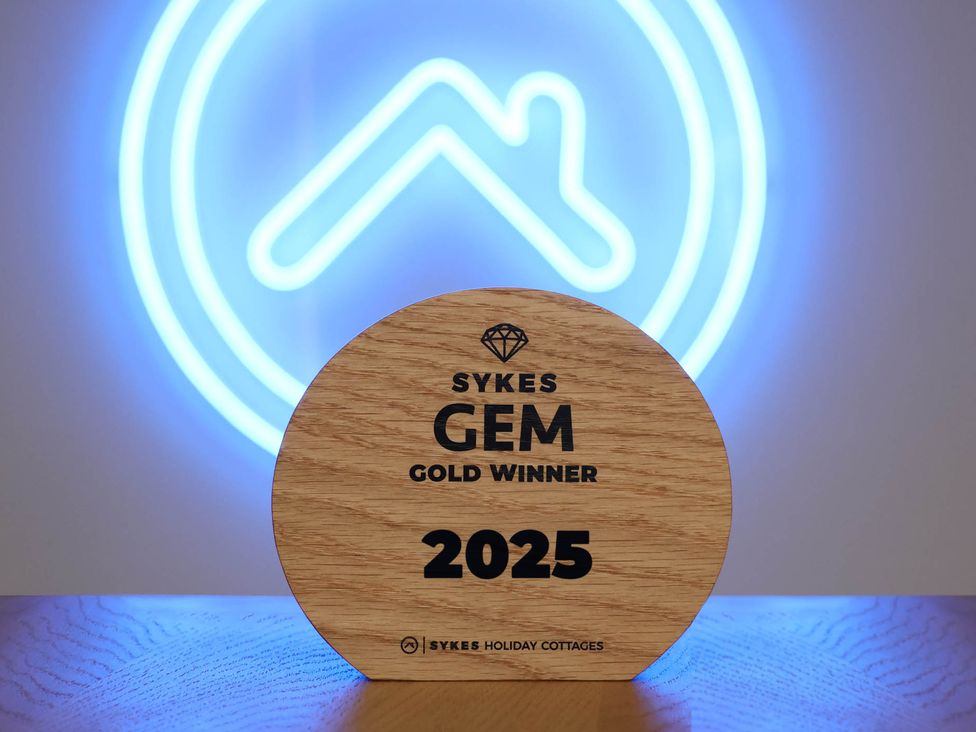 An award plaque on a table with a neon sign in the background at Weirglodd in Ruthin
